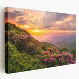 Blue Ridge Mountains landscape on stretched canvas, featuring muted green and blue tones, ideal for kitchen wall art.