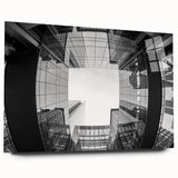 Large abstract wall art of Charlotte skyline in muted blue tones on acrylic glass, suitable for bedroom or dining room decor.