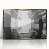 Mid-century modernist art of Charlotte, North Carolina skyline in gold and blue tones on framed acrylic.