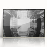 Mid-century modernist Charlotte skyline in muted blue tones on a silver-framed acrylic print, ideal for nursery wall art.