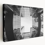 Charlotte, North Carolina skyline in muted gray and blue tones on a large stretched canvas, ideal for kitchen wall art.