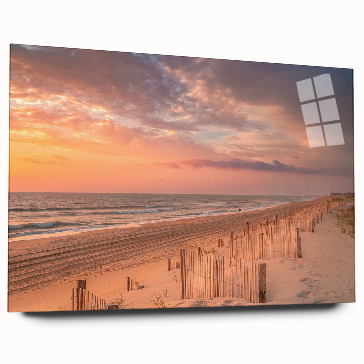 Acrylic print of the Outer Banks in North Carolina, featuring a large abstract landscape in muted blues and greens.