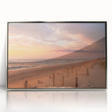 Mid-century modernist art of North Carolina Outer Banks in pastel hues on a silver-framed acrylic print.