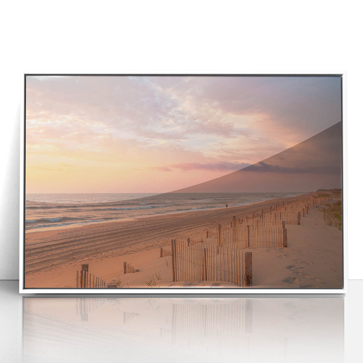 Art Deco style poster of Outer Banks, North Carolina scenery in muted pastel colors, framed acrylic.
