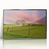 Mid-century modernist art depicting North Dakota scenery in muted earth tones on a silver-framed acrylic print.