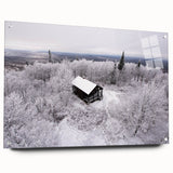 Acrylic print of the Adirondacks in autumn, showing trees in varied shades of red and orange, ideal for dining room decor.