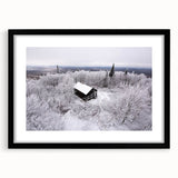 Extra large abstract art print of Adirondacks scenery in vibrant colors on a textured canvas, framed in black.