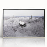 Mid-century modernist art depicting Adirondack scenery in a silver-framed acrylic print, suitable for nursery wall art.