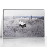 Art deco poster of Adirondacks scenery in muted blue tones on white acrylic, framed, ideal for modern nursery wall art.