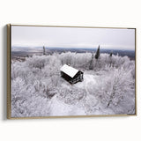 Framed canvas of a vintage-style landscape painting depicting the Adirondacks, in black and gold tones.