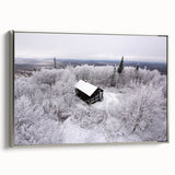 Framed canvas depicting a vintage-style landscape of the Adirondacks with colorful art on a black background.