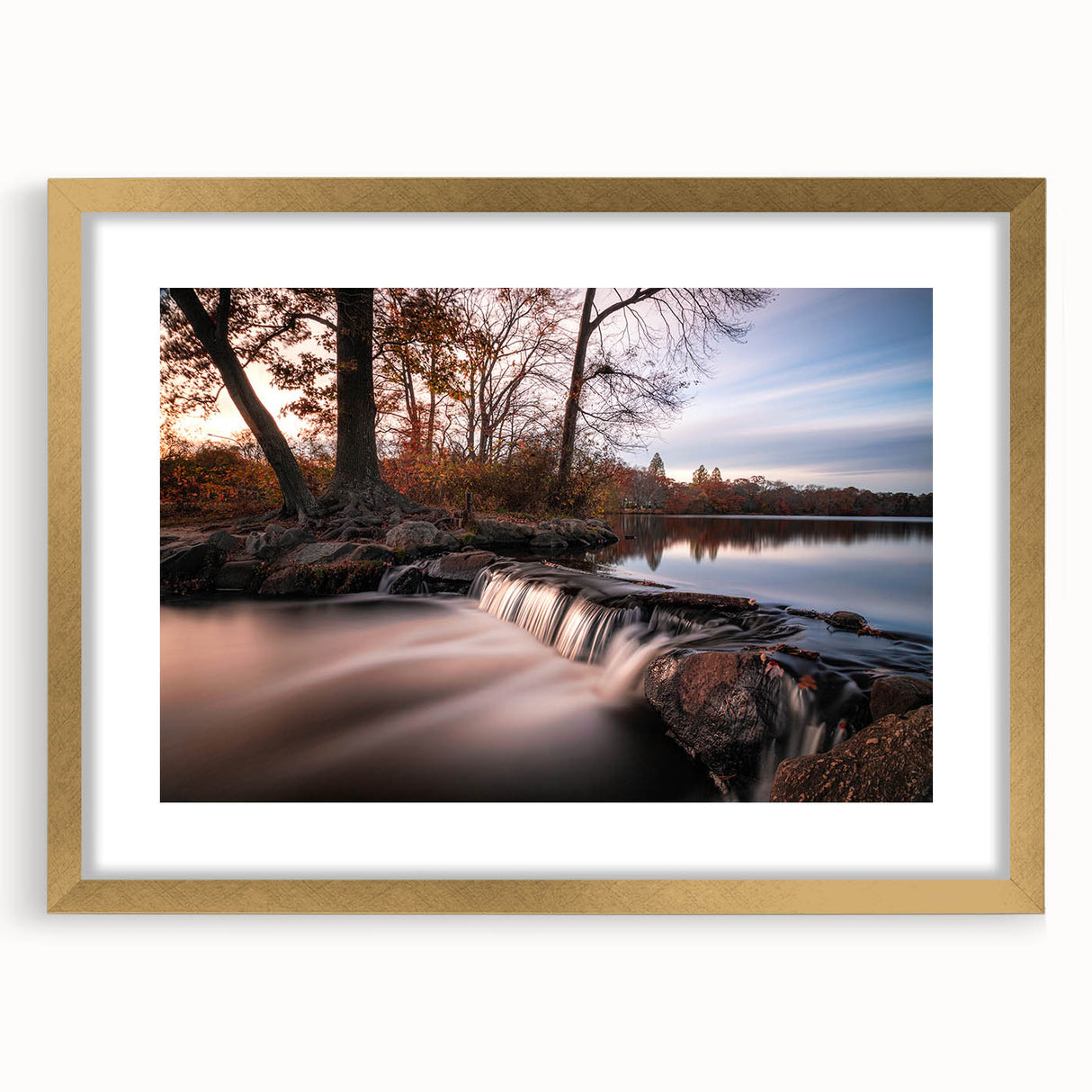 Extra large abstract art print of Long Island scenery in gold frame, featuring textured details in earthy tones.