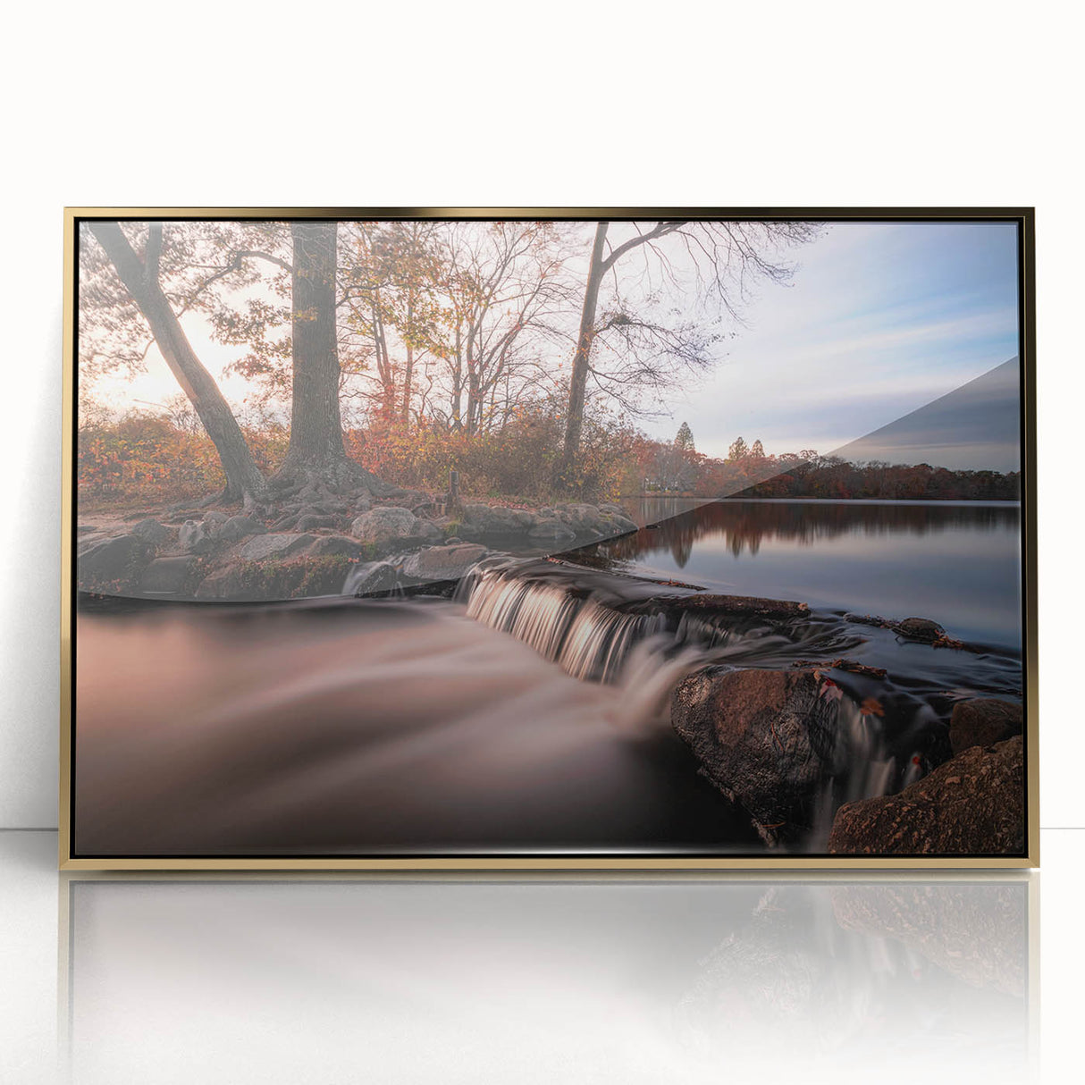 Acrylic print of a Long Island scenery in gold frame, featuring mid-century modernist style, ideal for modern art wall decor.