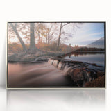 Mid-century modernist art depicting Long Island, NY scenery in muted earth tones on a silver-framed acrylic print.