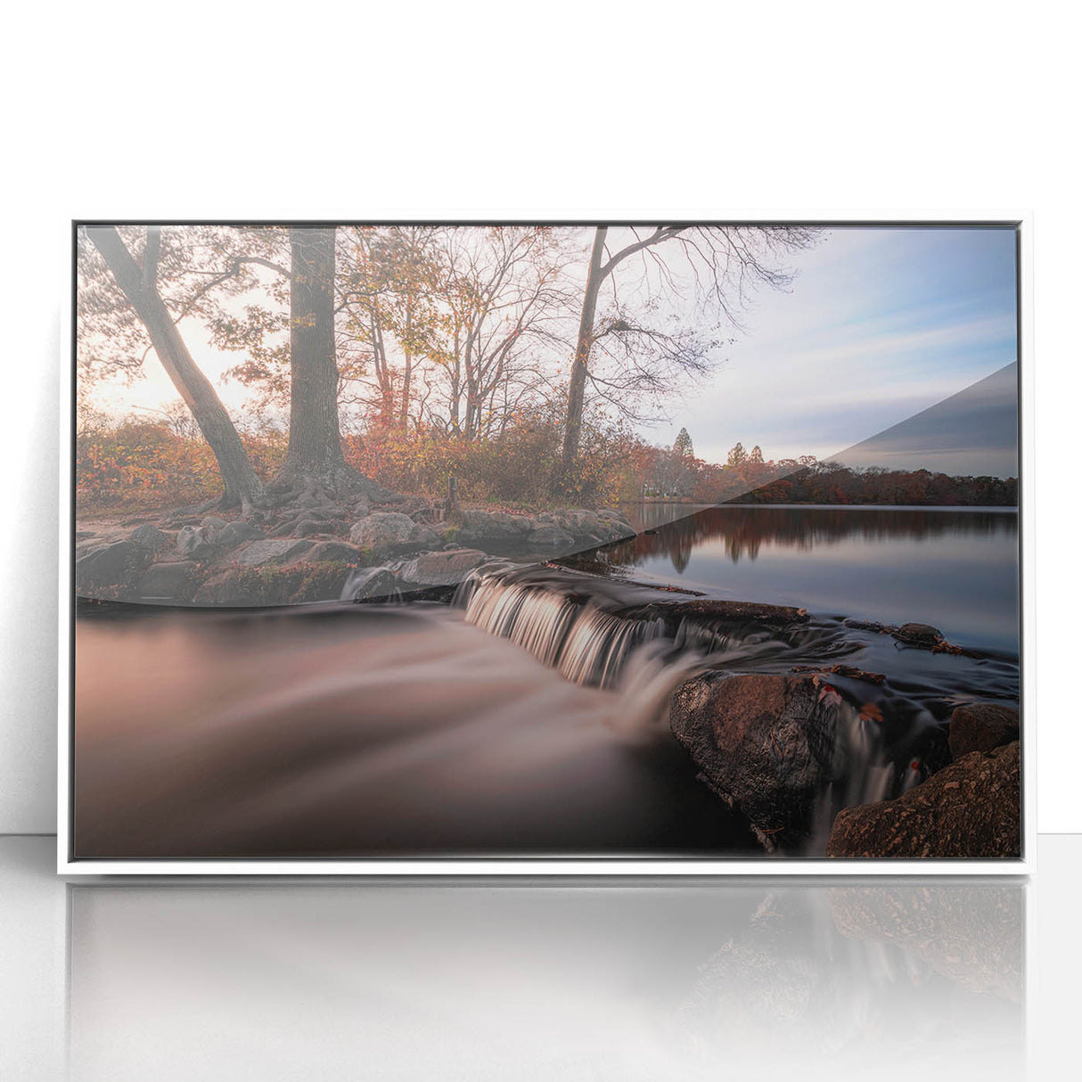Art Deco style poster of Long Island scenery in muted blue and white tones, framed acrylic.