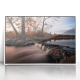 Art Deco style poster of Long Island scenery in muted blue and white tones, framed acrylic.