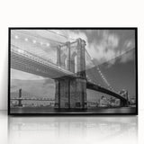 Large abstract wall art of the Brooklyn Bridge in black and white on a framed acrylic, ideal for modern living room decor.