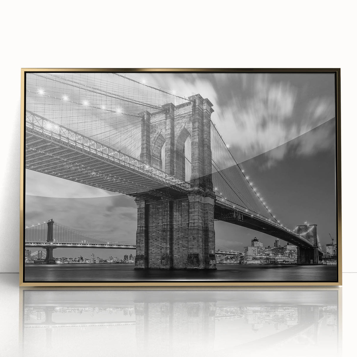 Acrylic print of the Brooklyn Bridge in grayscale, framed in gold, ideal for modern art wall decor.