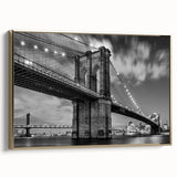 Framed canvas wall art featuring a side view of the Brooklyn Bridge in black and gold tones, suitable for bedroom decor.