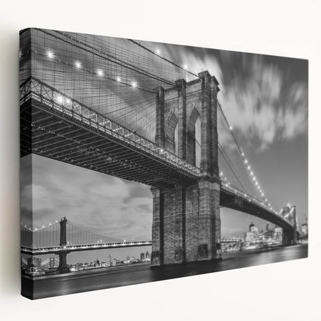 Side view of Brooklyn Bridge on a stretched canvas with muted gray and blue tones, suitable for kitchen wall art.