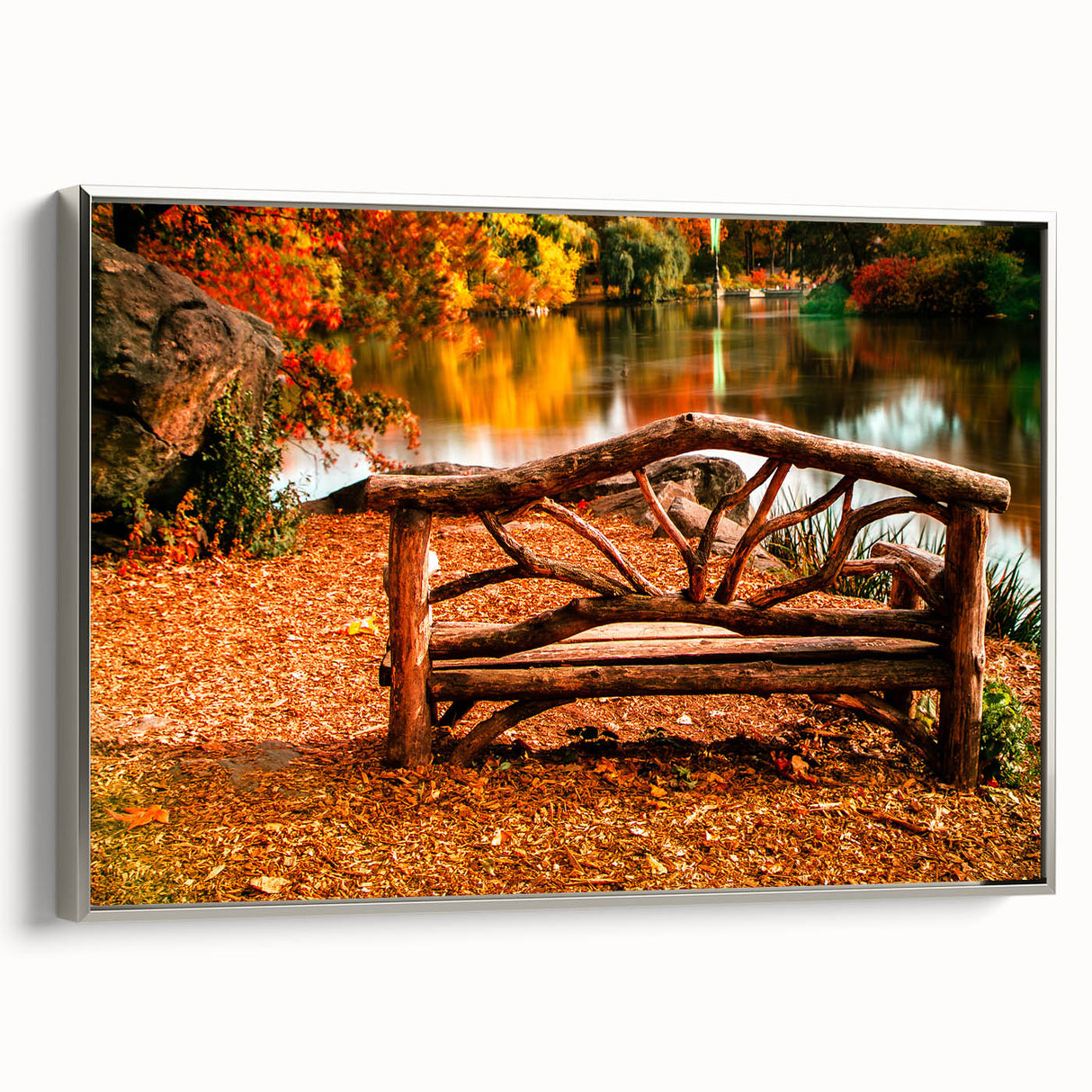 Framed canvas featuring a vintage-style landscape painting of Central Park in muted green and silver tones.