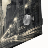 Large abstract depiction of NYC's Empire State Building in muted grays and blues on acrylic glass.