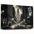 Acrylic print of a large abstract depiction of NYC's Empire State Building in muted gray and blue tones.