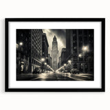 Extra large abstract art print of a colorful New York City skyline with textured elements on a framed black canvas.