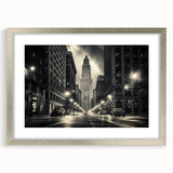 Textured abstract art print of NYC skyline in muted gray tones, framed in silver, ideal for bedroom art.