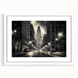 Abstract art print of the NYC skyline in muted grayscale on a white-framed mat, ideal for dining room decor.