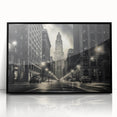 Large abstract wall art depicting the NYC skyline in muted gray tones, framed in black acrylic.