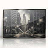 Mid-century modernist art depicting the Empire State Building in silver hues on a framed acrylic print.