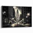 Black and white framed canvas of the NYC Empire State Building in a vintage poster style, ideal for bedroom wall decor.