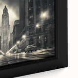 Close-up of black wall art featuring a textured depiction of the NYC Empire State Building with colorful accents.