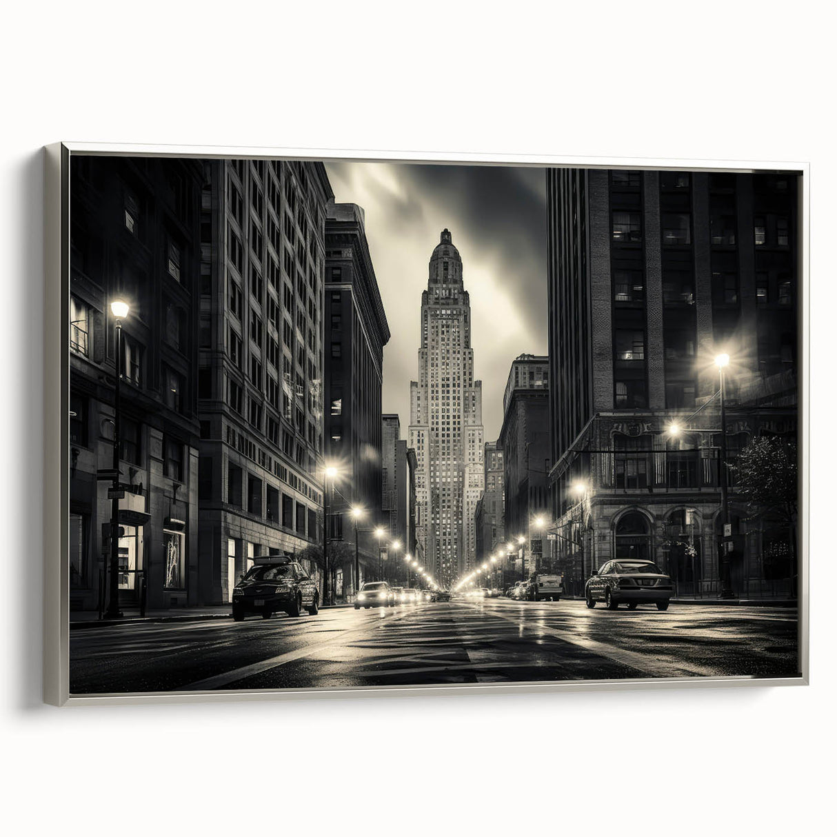 Framed canvas depicting a vintage-style New York City landscape with vivid colors on a black background.