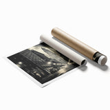 Extra large, rolled print of the NYC Empire skyline with muted gray and blue tones, ideal for classy bathroom wall art.