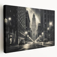 Side view of a large canvas print depicting the Empire State Building in muted gray and blue tones.