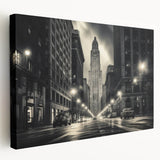 Side view of a large canvas print depicting the Empire State Building in muted gray and blue tones.