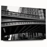 Large abstract depiction of Grand Central on acrylic glass, with muted gray and blue tones.