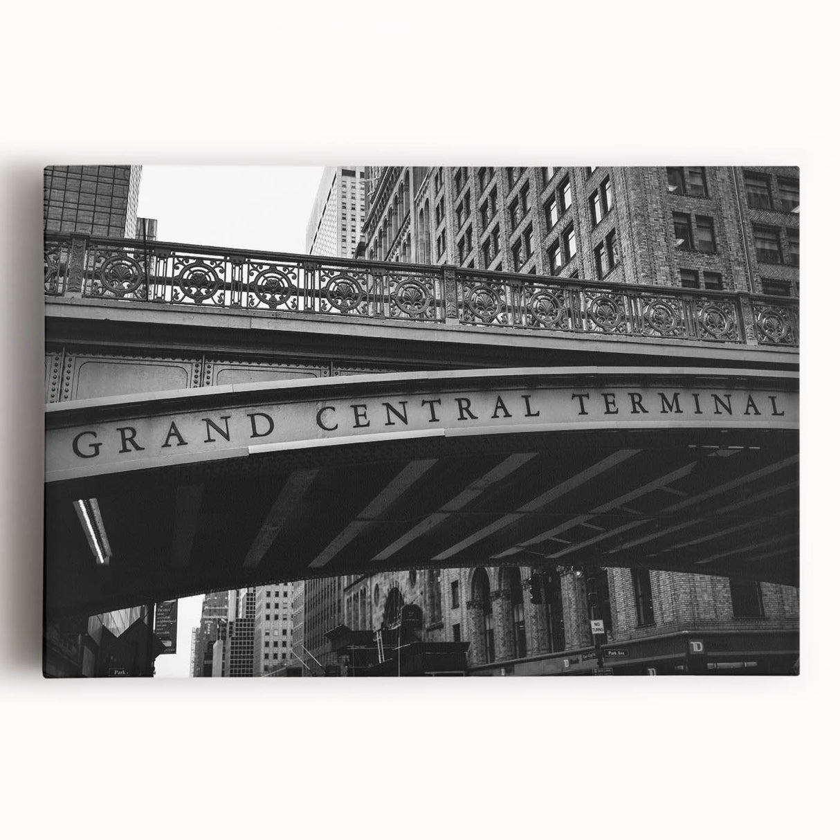 Black and white large art print of Grand Central Station on stretched canvas, suitable for kitchen wall art.
