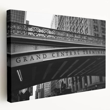 Large wall art depicting the Grand Central Station in New York, rendered in muted gray tones on stretched canvas.