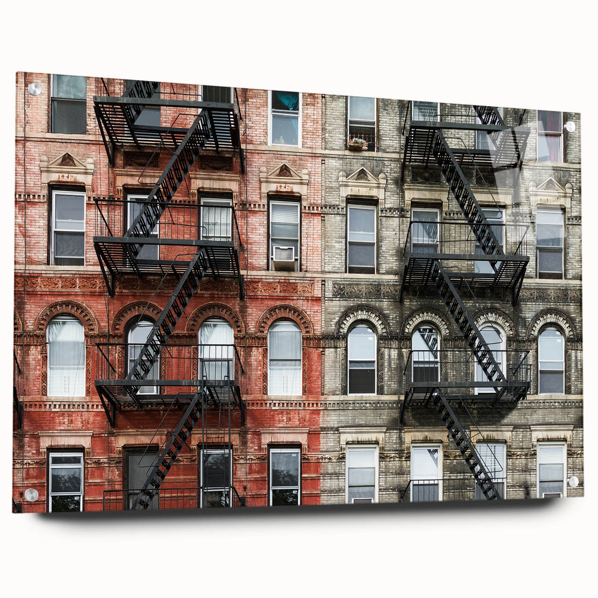 Acrylic print of Manhattan skyline with vibrant evening hues, ideal for dining room art.