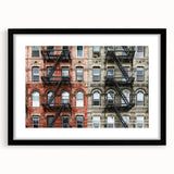 Extra large abstract art print of colorful, textured Manhattan skyline on a black framed canvas, ideal for living room decor.