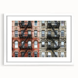 Abstract art print of Manhattan skyline in muted gray and blue tones on a framed white mat, suitable for dining room decor.