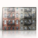 Mid-century modernist art of Manhattan skyline in muted silver tones on framed acrylic, ideal for modern art wall decor.