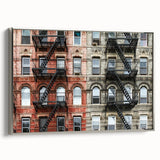 Framed canvas of a vintage-style Manhattan skyline in black with colorful accents, ideal for office decor.