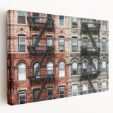 Panoramic view of Manhattan skyline in muted gray and blue tones on a large stretched canvas, suitable for kitchen wall art.