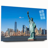 Side view of a large acrylic glass print featuring the Statue of Liberty in muted green and blue tones.