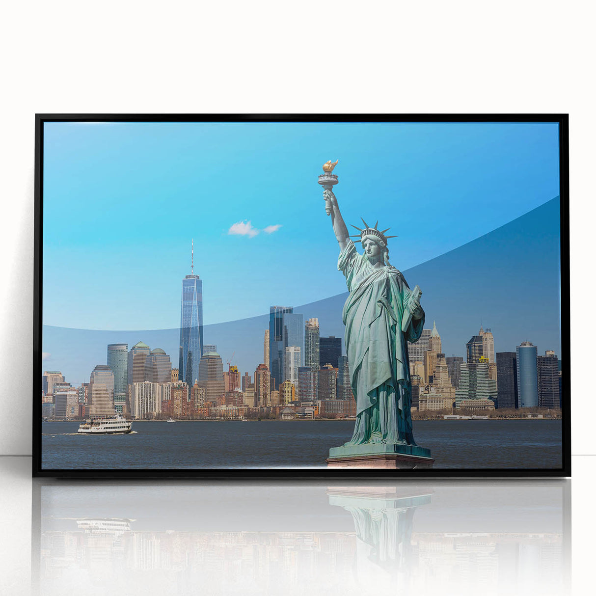 Large abstract wall art depicting the Statue of Liberty in muted green and gray tones on a black acrylic frame.