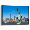 Black and white wall art featuring the Statue of Liberty in a vintage poster style on framed canvas.
